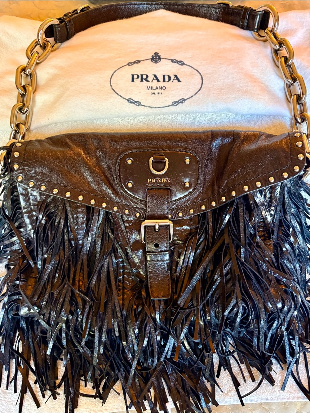Prada Black Leather Fringe Shoulder Bag with Silver Hardware - Picture 1 of 9